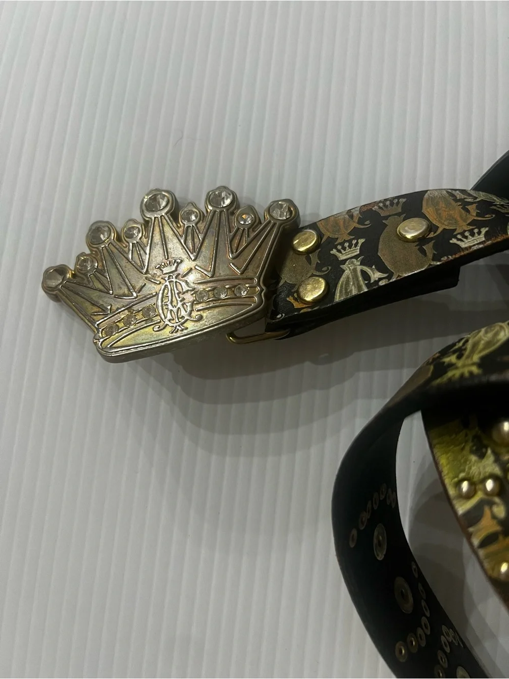 Rare Vintage Christian Audigier Rhinestone Crown Studded Leather Belt Y2K